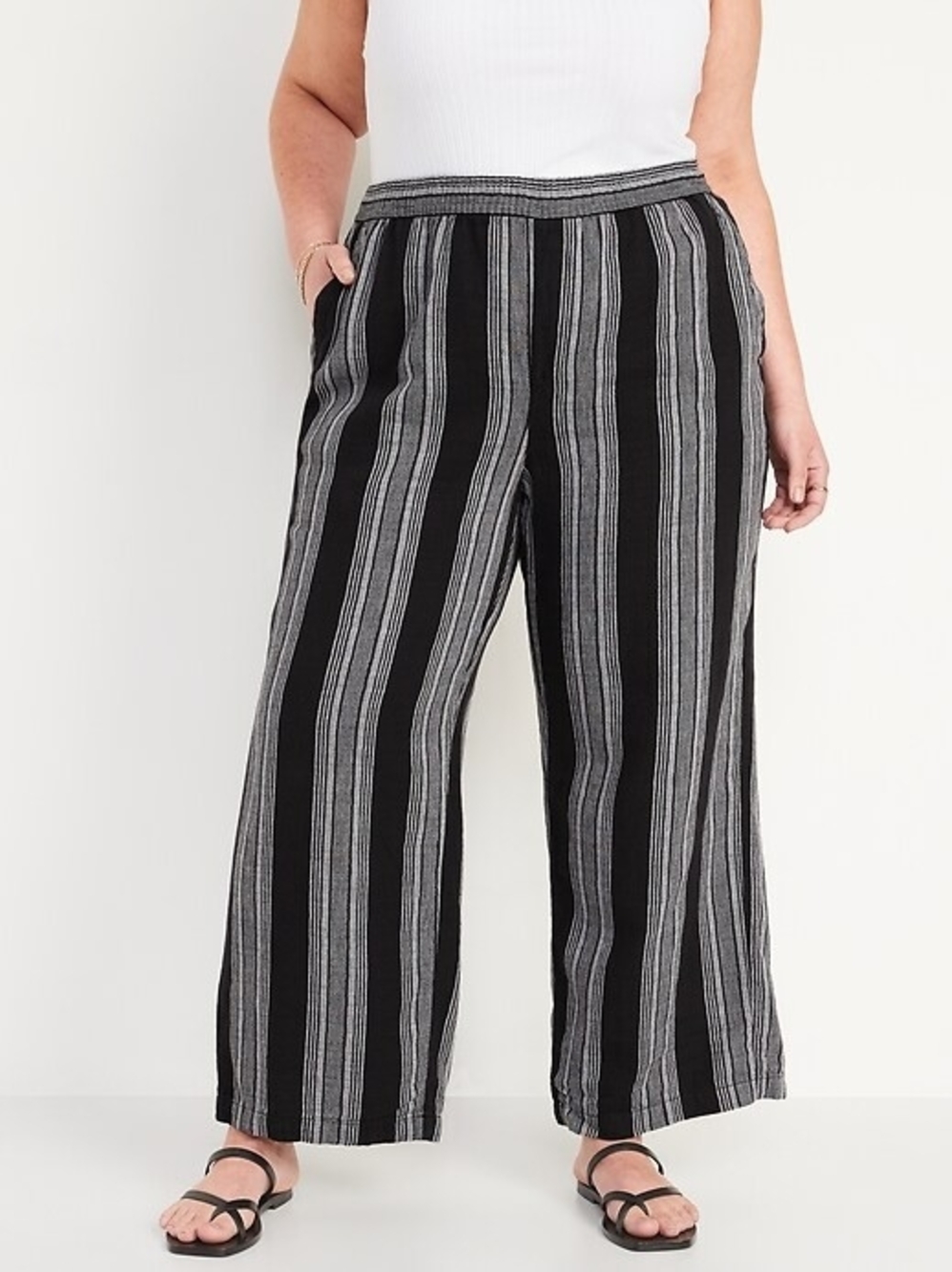 Old Navy Womens Black White High Waisted Striped Linen Blend Wide Leg Pants XS